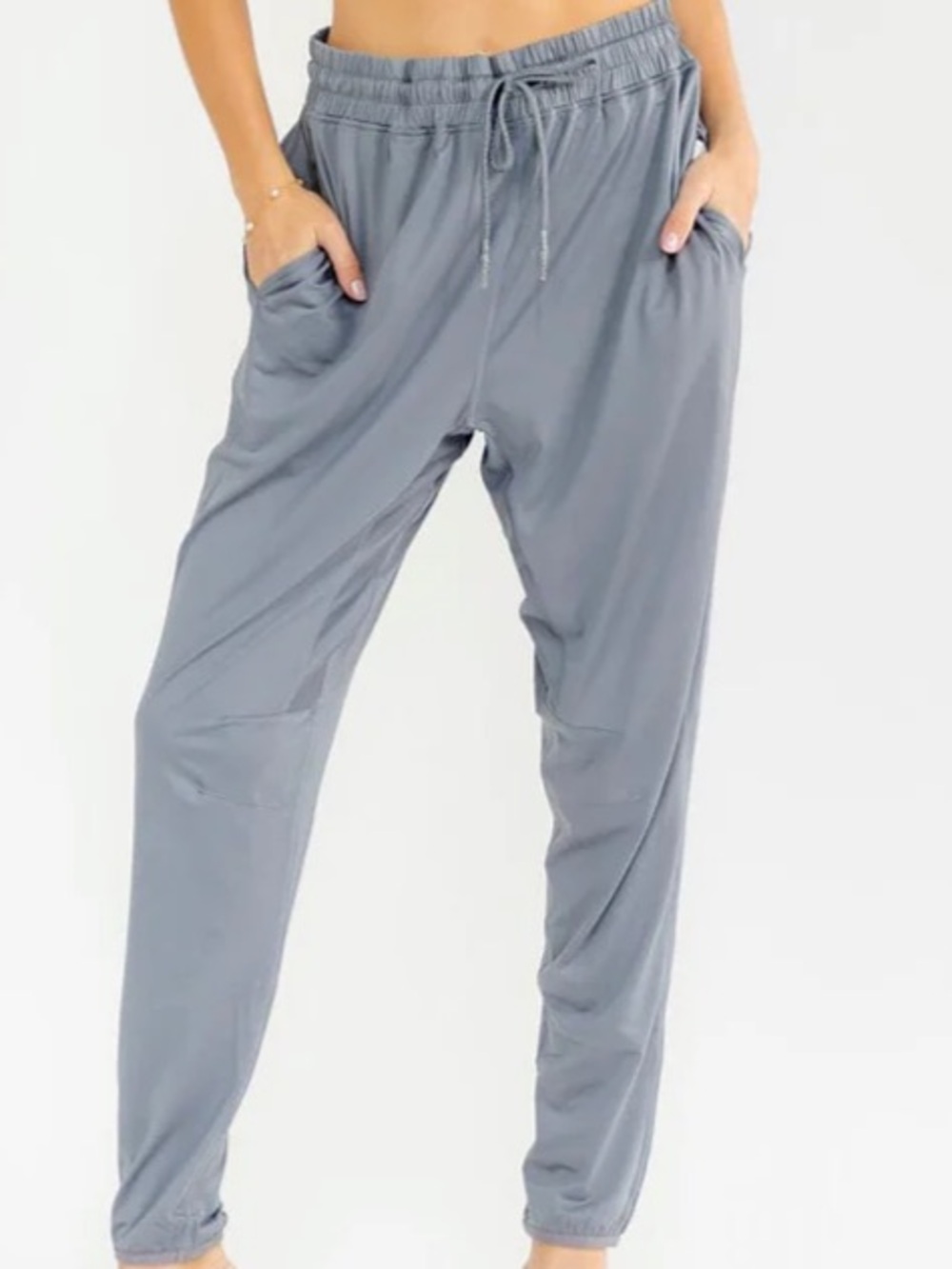 Mono B Carly Tapered Leg Pant In Blue Gray w Pockets Elastic Waist